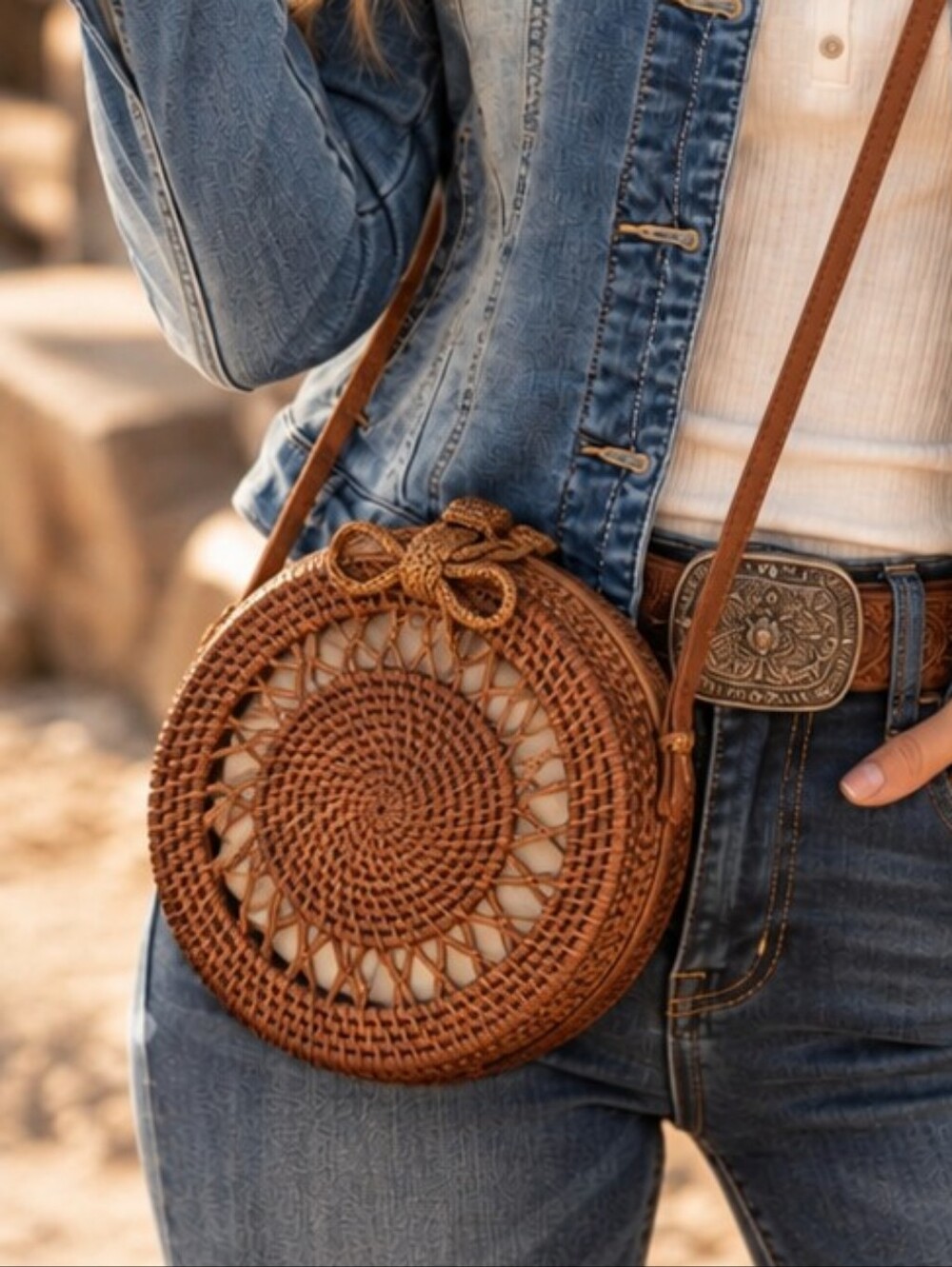 Round Woven Rattan Crossbody Bag Brown Boho Basket Purse Boho Cottagecore